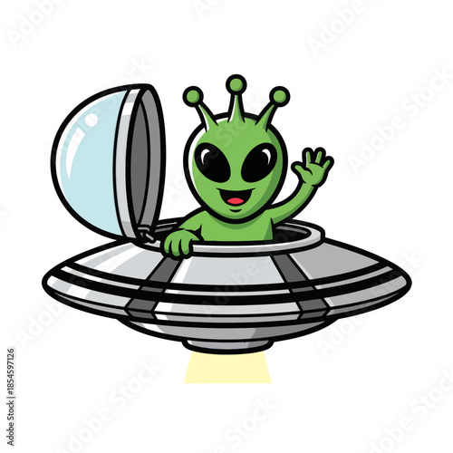 Playful cartoon alien emerging from a flying saucer with cheerful expression and waving hand