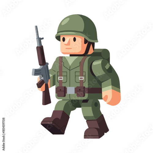 Dramatic cartoon soldier in futuristic combat gear wielding rifle in adventurous stance