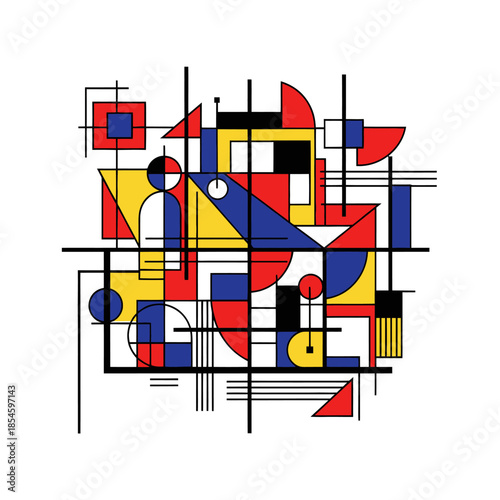 Abstract geometric composition with vibrant primary colors and interlocking shapes illustrating
