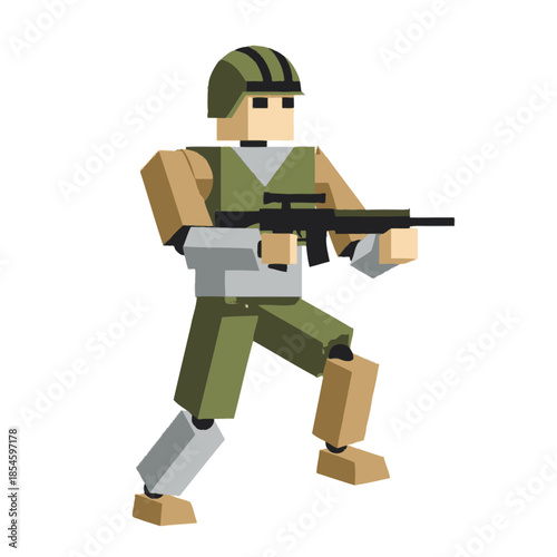 Pixelated soldier character in a tactical stance holding a rifle with a combat uniform and helmet