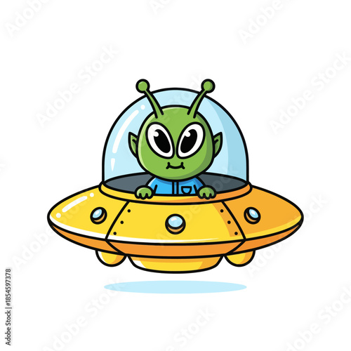 Cute cartoon extraterrestrial character piloting a small flying saucer in a playful and colorful