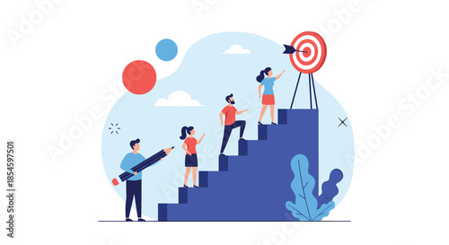 People climbing stairs towards a target, symbolizing goal achievement and teamwork.