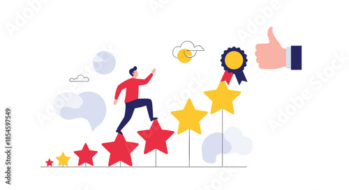 Man climbing a staircase of stars towards a golden award and a thumbs up, representing achievement and positive feedback.