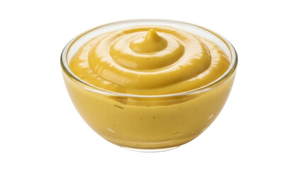 Delicious mustard in a glass bowl isolated PNG, condiment for hot dogs and sandwiches on transparent background