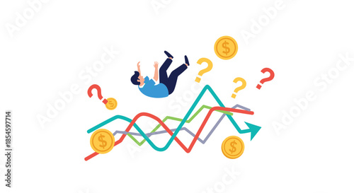 Struggling businessman tumbles amidst chaotic financial market charts and question marks symbolizing uncertainty and risk.