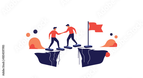 Confident individuals build bridges of success together, crossing challenges to reach their ultimate goal symbolized by a flag.