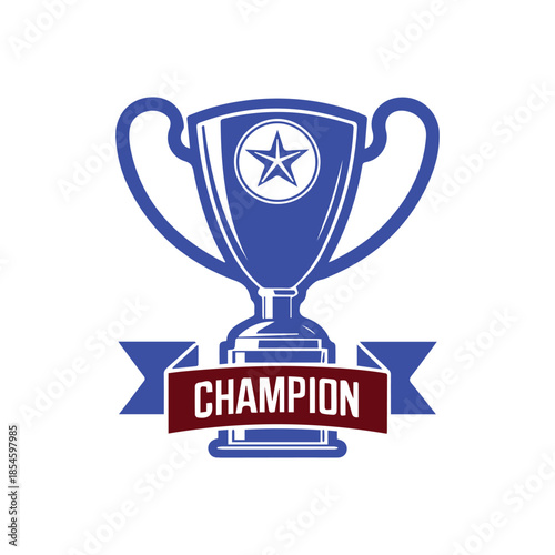 Gold trophy cup with ribbon and award icon on white background