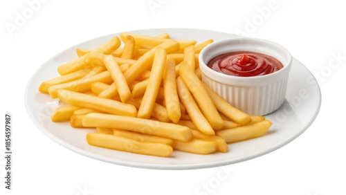 Canvas Print Golden french fries with ketchup isolated PNG, crispy potato sticks on a plate w