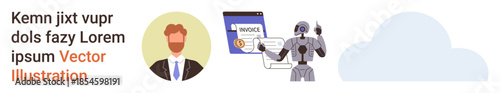 Artificial intelligence, digital payments, cloud storage, identity verification, fintech, automation. Businessman profile, AI robot handling invoice cloud graphic. AI in fintech and digital payments
