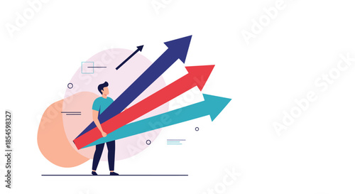 Dynamic businessman skillfully guiding multiple growth arrows towards future success, symbolizing progress and strategic direction in business