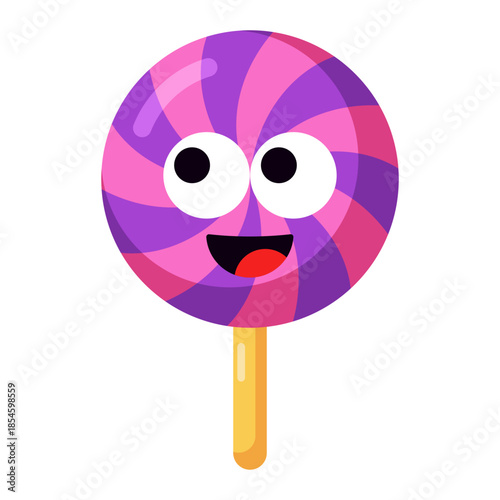 Cute swirl lollipop candy cartoon icon with smiling face isolated on transparent background.