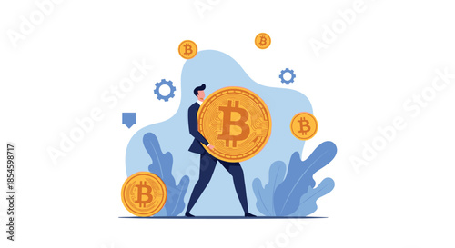 Determined businessman confidently carries large Bitcoin symbol, symbolizing cryptocurrency investment and financial growth in a modern digital economy.