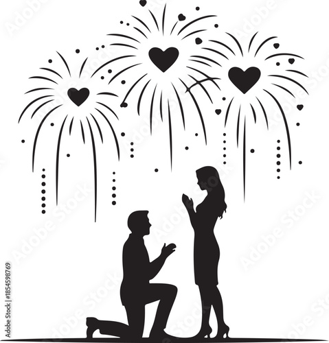 Man proposing to woman with heart fireworks silhouette