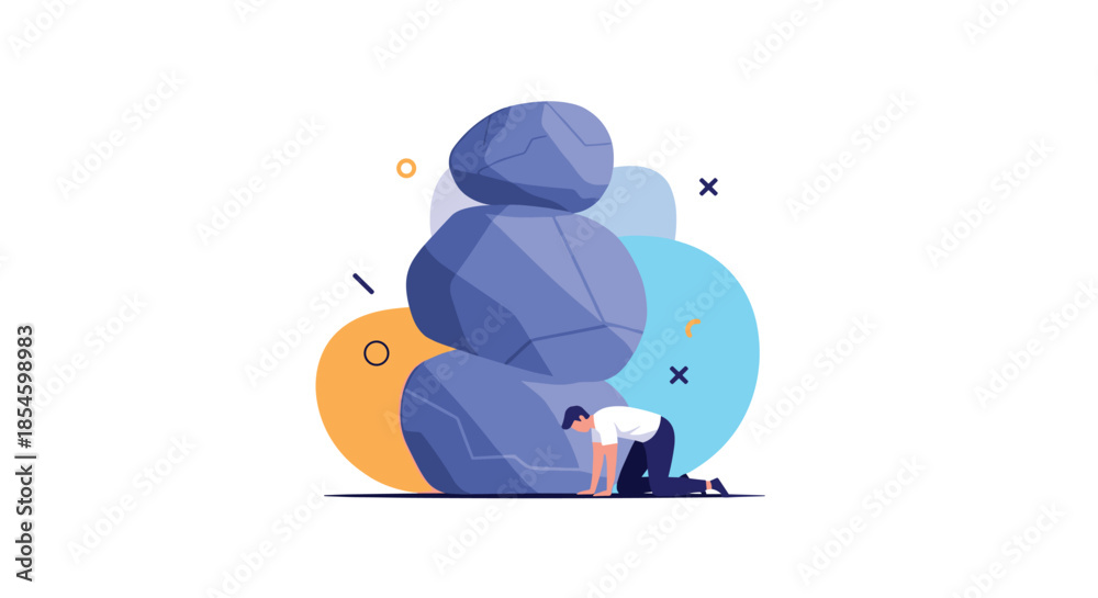 Obraz premium Man kneeling under a pile of heavy rocks, symbolizing the immense pressure, burden, and overwhelming challenges faced in life or business.