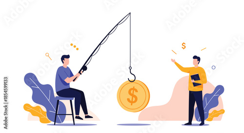 Man fishing for a large gold coin on a hook, while another man points, symbolizing the concept of attracting investment and seeking financial opportunities.