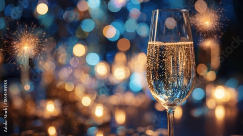 A sparkling glass of champagne in a festive setting with colorful bokeh lights and sparklers.