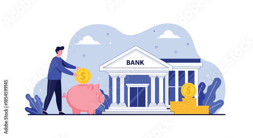 Man putting a coin into a piggy bank with a bank building in the background, representing financial savings, secure investments, and banking services.