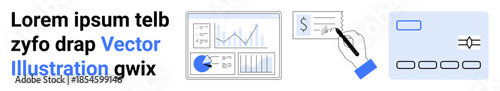 Analytical dashboard with charts, hand signing document, and bank card. Ideal for finance, banking, business, report, payment, transaction simple landing page