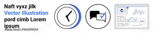 Time management, communication, data analysis, business efficiency, teamwork, productivity. Clock icon, chat bubbles with checkmark and analytics dashboard. Time management and communication concept