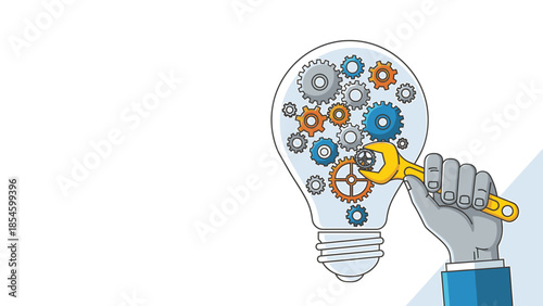 Creative engineering solutions Hand fine-tuning gears inside an idea lightbulb for innovation