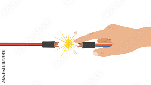 Hand Dangerously Touching Exposed Wires with Electrical Spark and Danger Symbol
