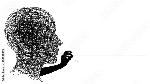 Abstract illustration of a human head with tangled lines, representing complex thought