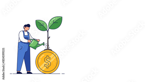 Man watering a plant growing from a gold coin, symbolizing financial growth