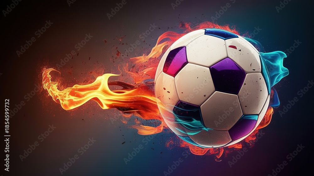 Fototapeta premium Explosive Energy Soccer Ball for 2026 Football World Cup Dynamic Design with Fire and Ice Elements