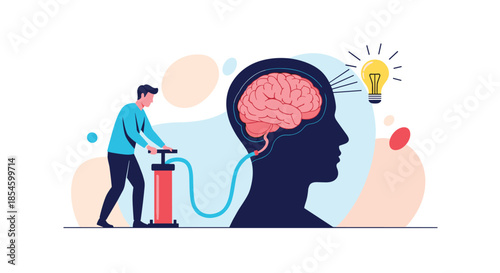 Man pumping air into a giant brain with a lightbulb idea, symbolizing the process of brainstorming, generating ideas, and fostering intellectual growth.