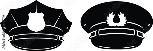 Two police hats in black silhouette on transparent background