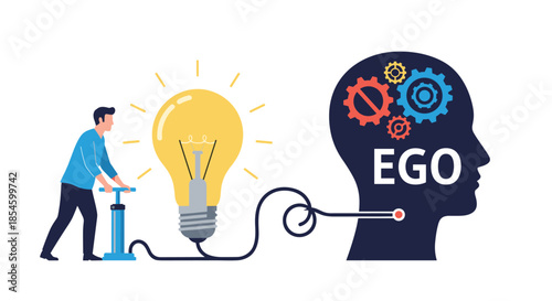 Man pumping air into a lightbulb connected to a giant head labeled 'EGO', illustrating the concept of nurturing self-confidence and personal ambition.