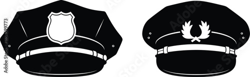 Two vintage police or security hats design element on transparent background silhouette