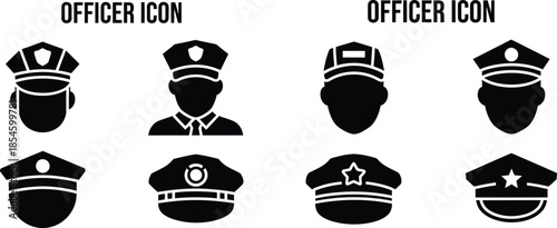 Black officer hat icons collection with different designs on transparent background silhouette
