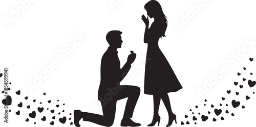 Man proposing to woman with ring surrounded by hearts