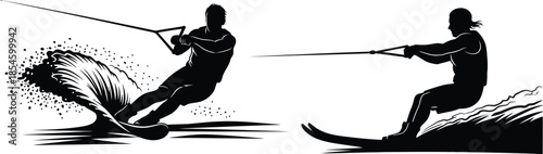 Waterskiing action with boat and spray a dynamic black silhouette on transparent background