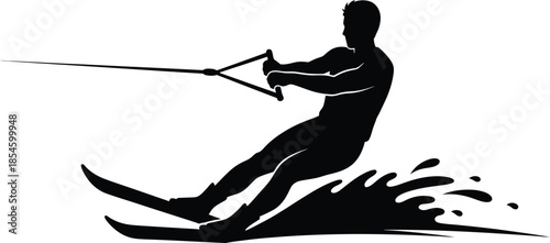 Waterskiing athlete in action dynamic pose black silhouette on transparent background
