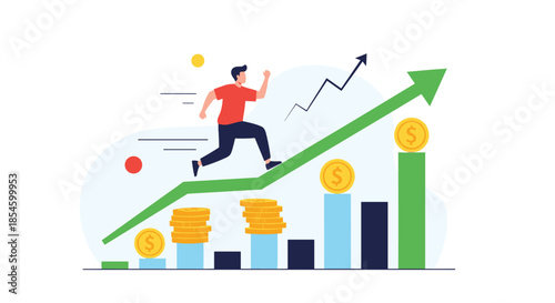 Man running up a green arrow over a bar chart with gold coins, representing consistent financial growth, investment returns, and upward economic trends.