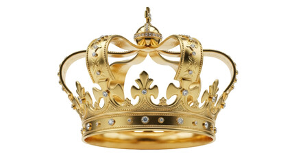 Ornate golden crown with jewels isolated PNG on transparent background, royal symbol for luxury and power