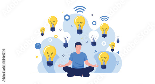 Man meditating surrounded by floating lightbulbs, symbolizing creative thinking, idea generation, and mental clarity for innovative solutions.