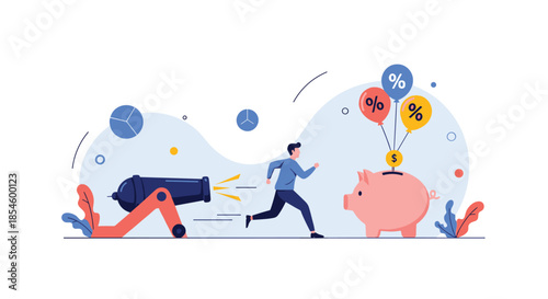 Man running away from a cannon firing percentages towards a piggy bank, representing avoiding high-interest debt and protecting personal savings.