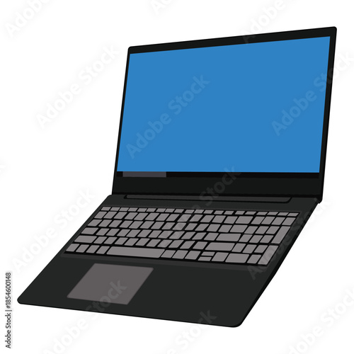Laptop computer illustration with blank blue screen isolated