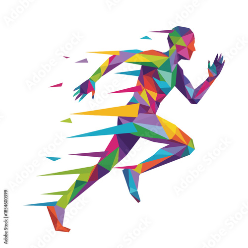 Animated geometric depiction of a sprinter in dynamic motion with a colorful polygonal design