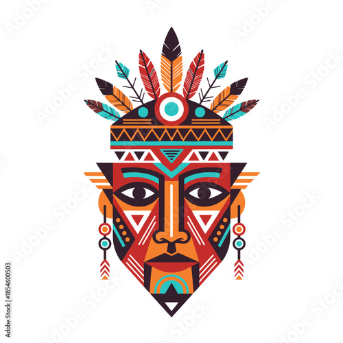 Vibrant tribal face mask featuring elaborate geometric patterns and colorful feathers