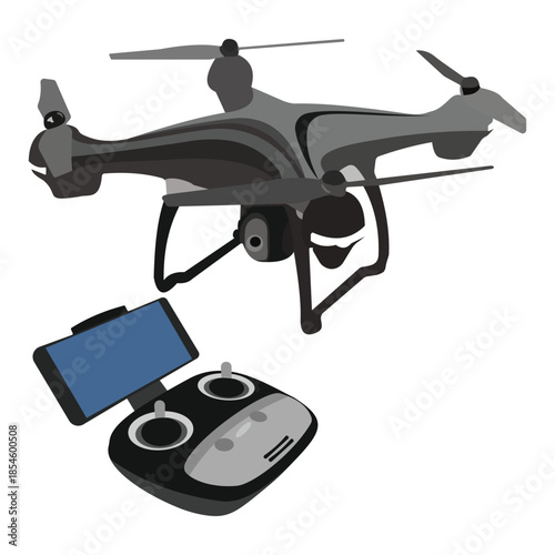 Remote controlled camera drone with controller flat vector illustration