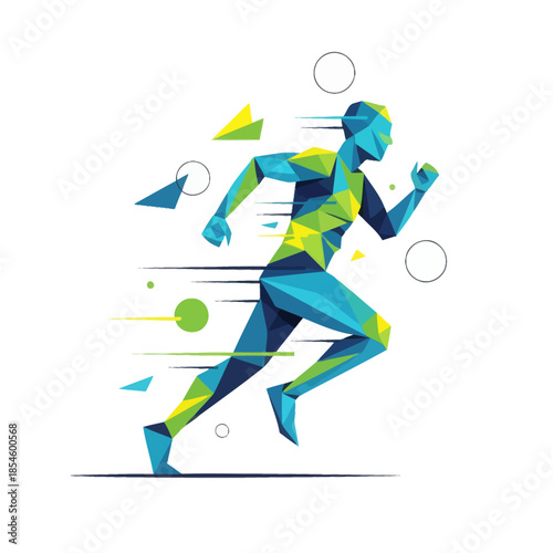 Abstract low-poly running athlete in dynamic motion with vibrant color palette emphasizing energy