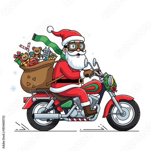 Festive Santa Claus Riding a Motorcycle Carrying Gifts and Holiday Cheer
