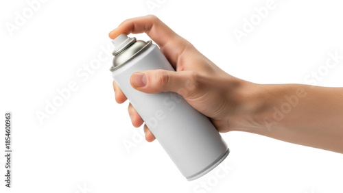Bild auf Leinwand Hand holding a white spray can isolated PNG, aerosol container for painting and