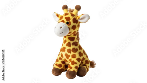 Cute giraffe plush toy isolated PNG, stuffed animal with brown spots on transparent background for kids and decoration