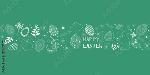 Easter holidays greeting banner card background typography. Linear ornament design with Bunny rabbit, Easter eggs, spring plants. Set Template for advertising, web, social