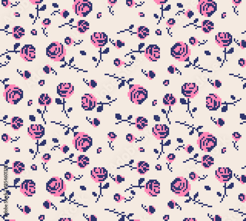 Pixel art seamless rose pattern with pink flowers, retro 8-bit style creates romantic, cute and nostalgic mood, game background, UI textures, wallpapers, fabrics and decorative designs.